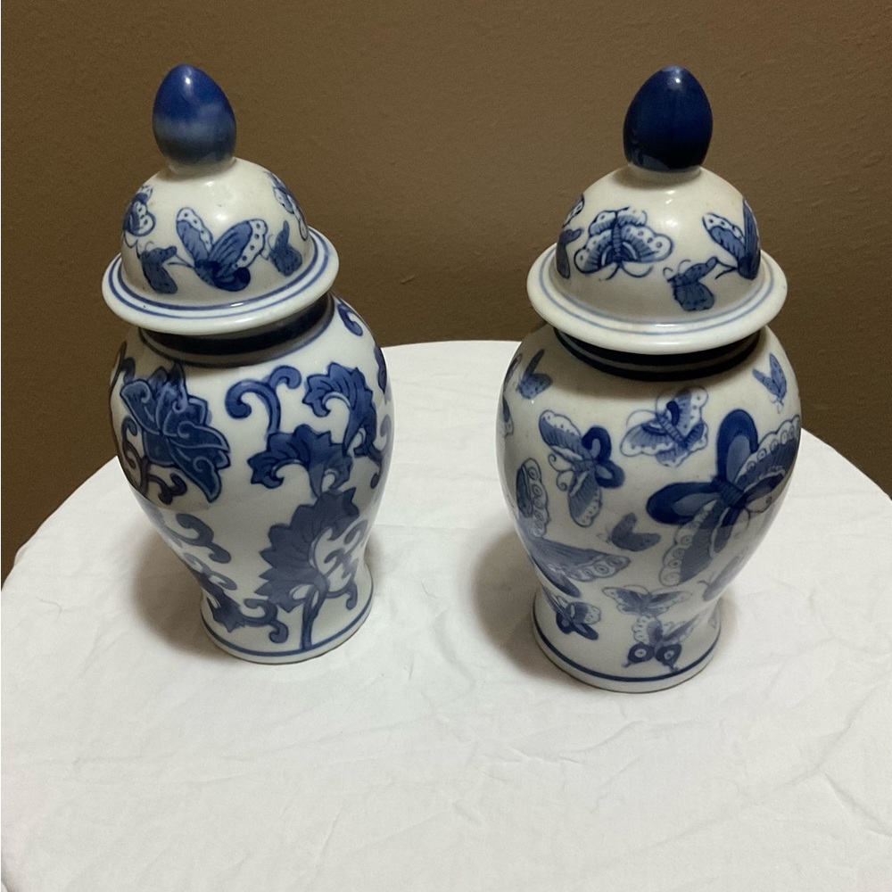 Chinese Temple Jars Blue and White Pair With Lids - Vintage Porcelain